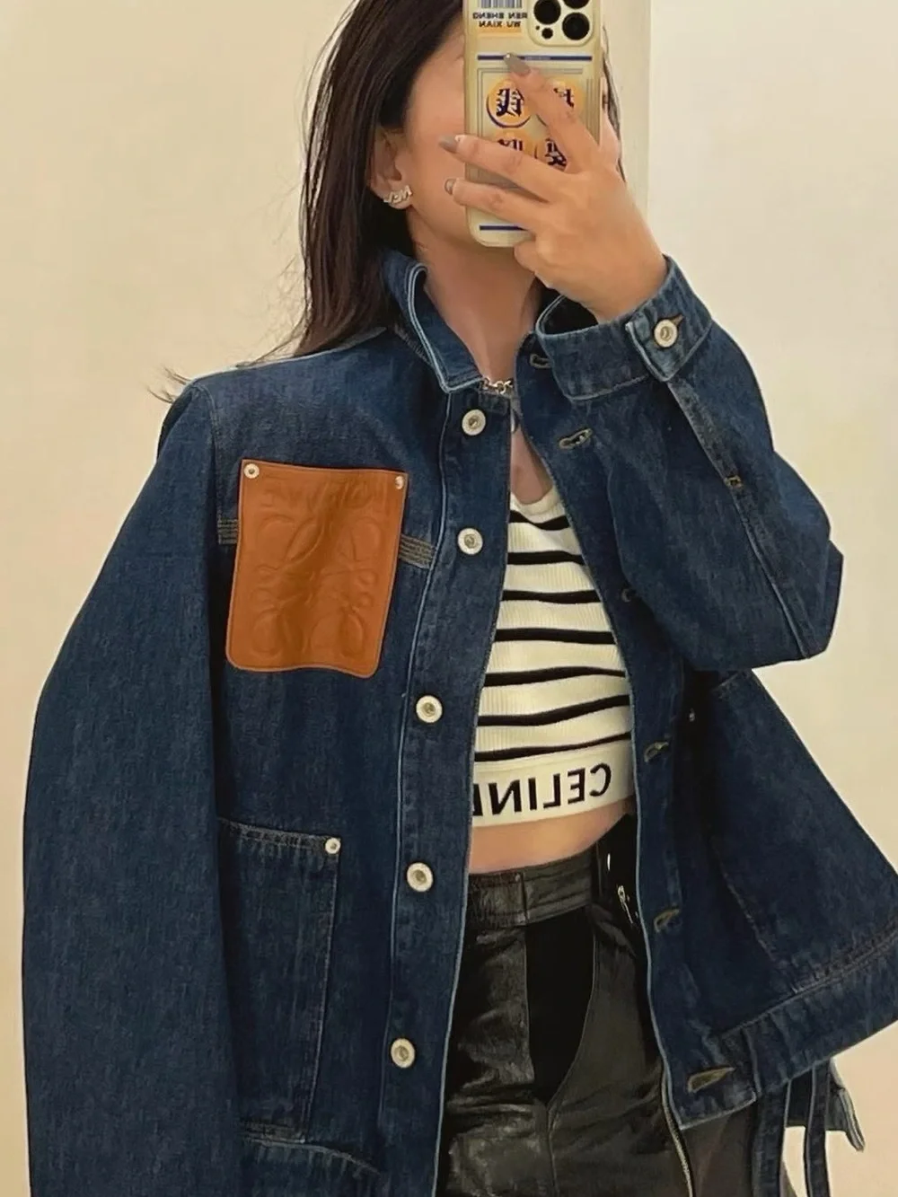 🚩steal Loewe Blue Denim Jacket with Tan Leather Patch - Picture 9 of 9